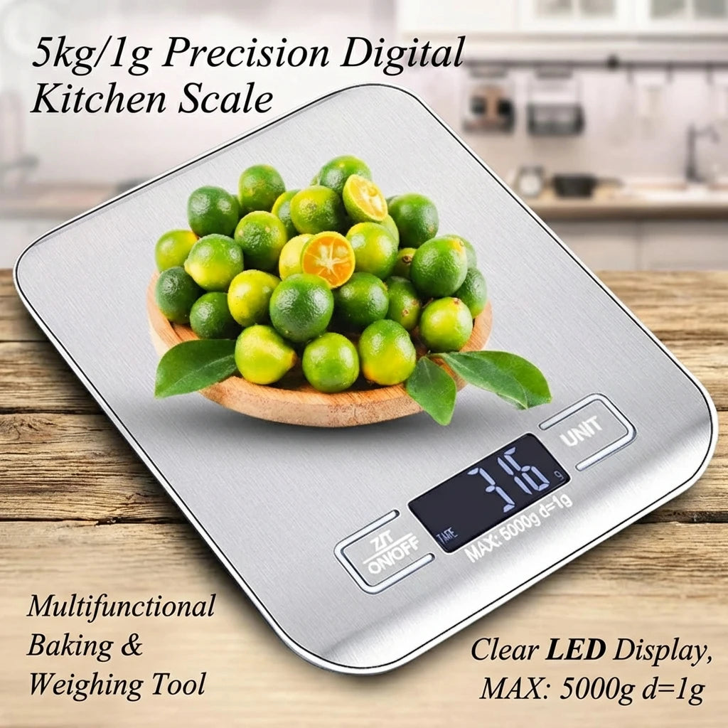 Báscula Digital de Cocina de Acero Inoxidable con Pantalla LED (5 kg)