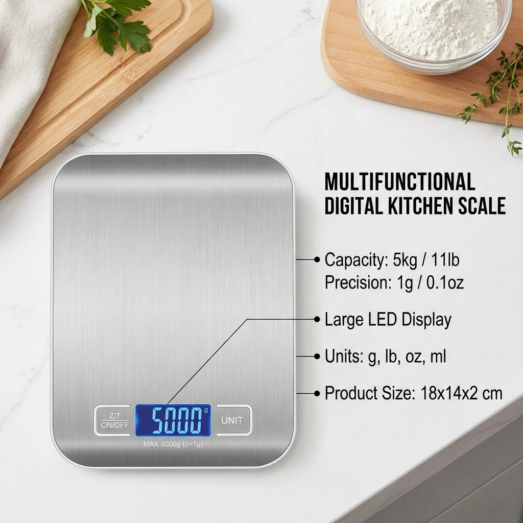 Báscula Digital de Cocina de Acero Inoxidable con Pantalla LED (5 kg)