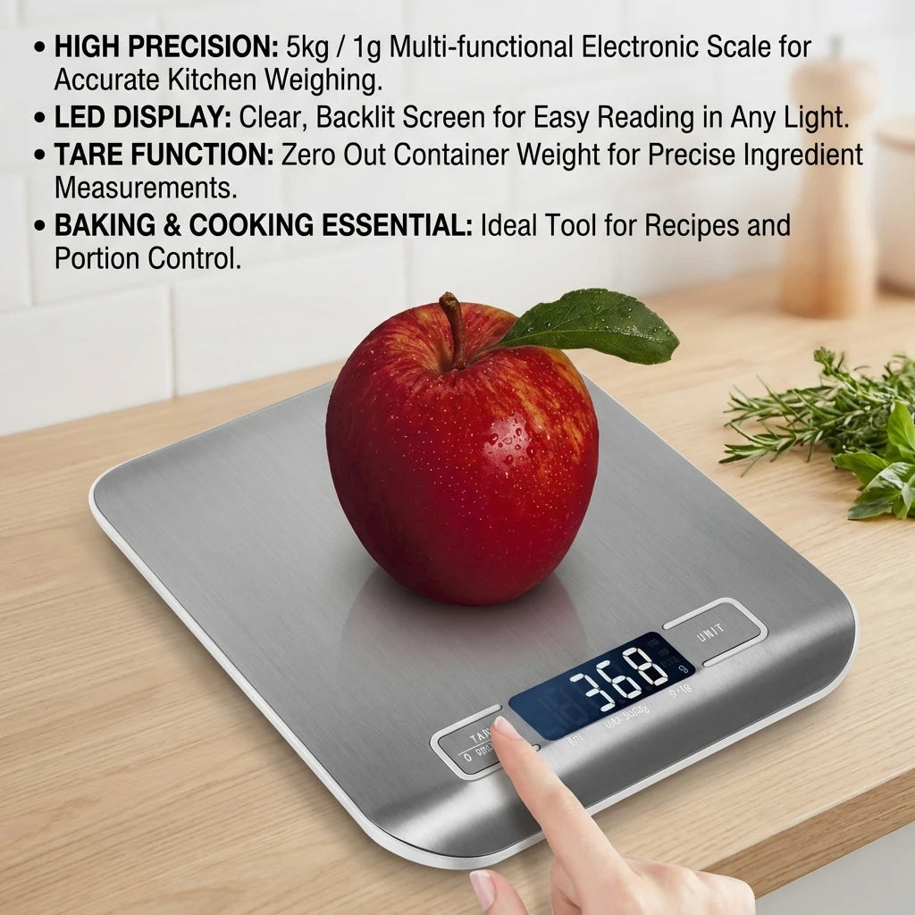 Báscula Digital de Cocina de Acero Inoxidable con Pantalla LED (5 kg)